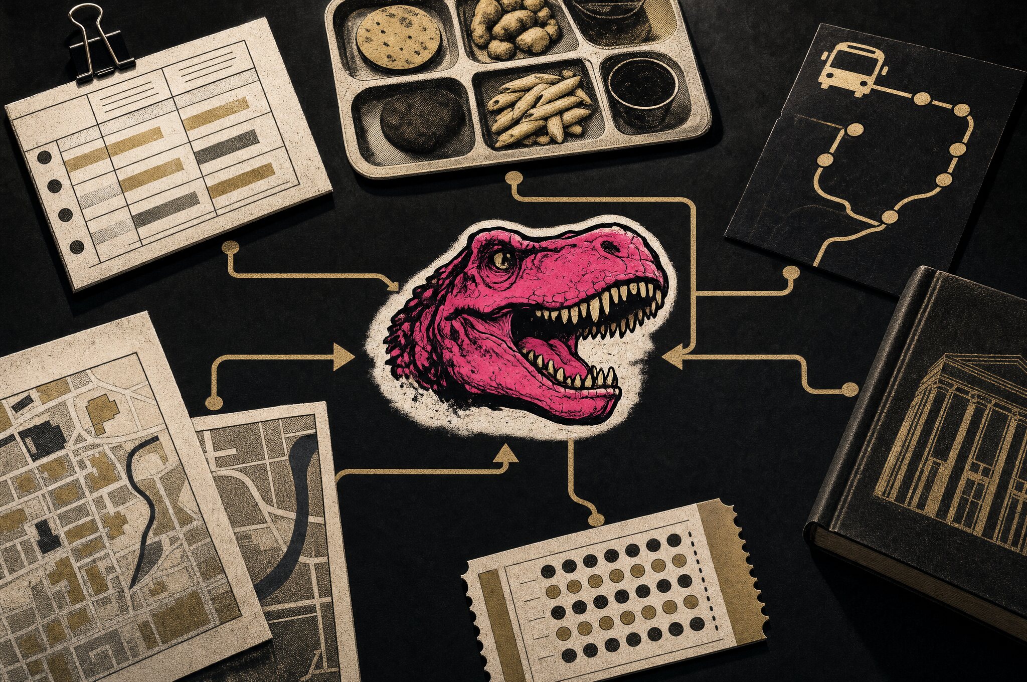 Campus-life artifacts connected to Rex by gold paths