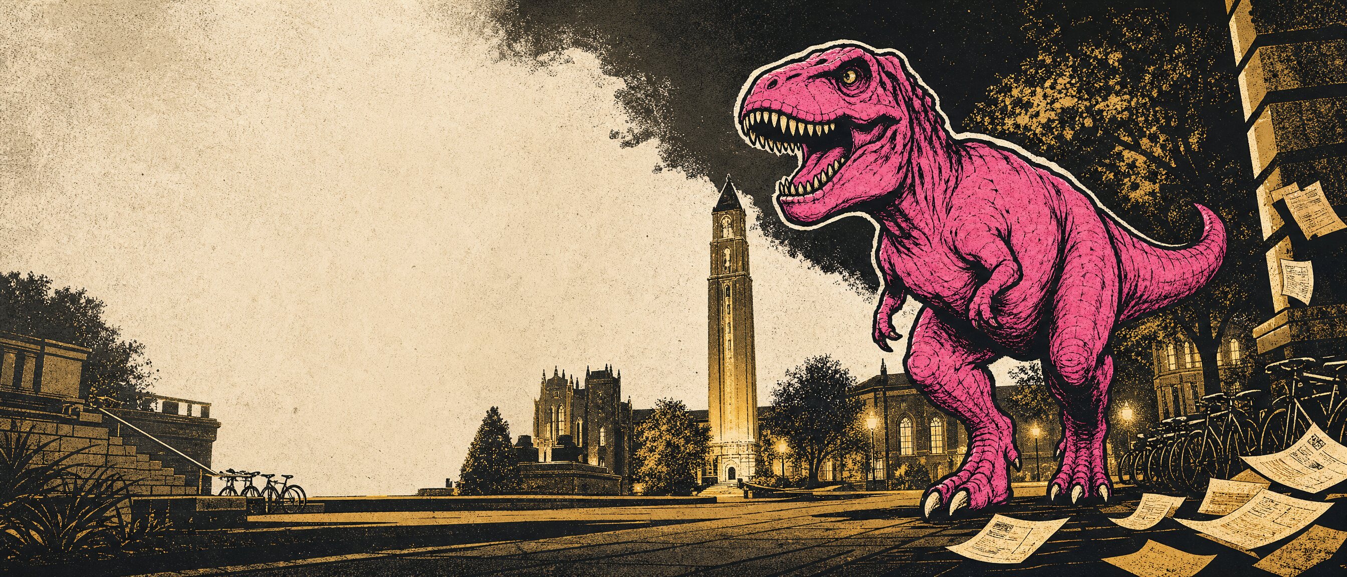 Pink Rex dinosaur crossing a stylized campus at dusk